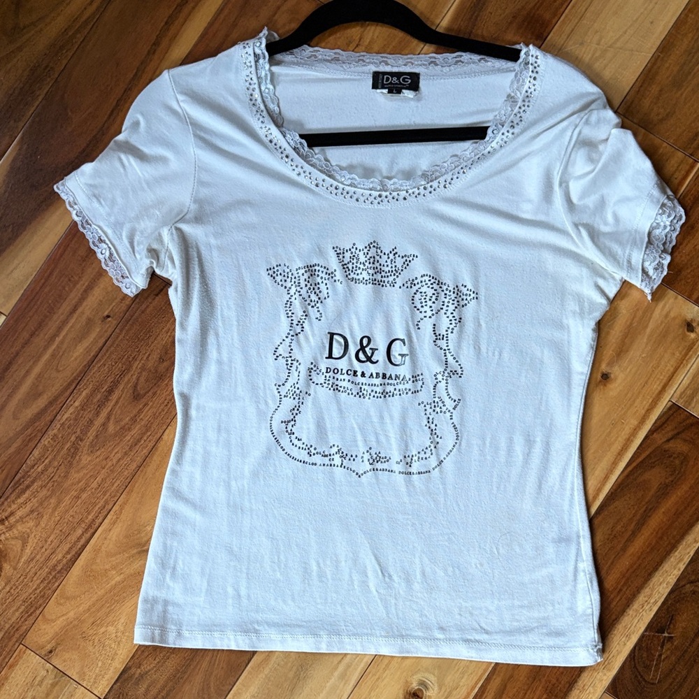 D&G White Embellished Short Sleeve Top